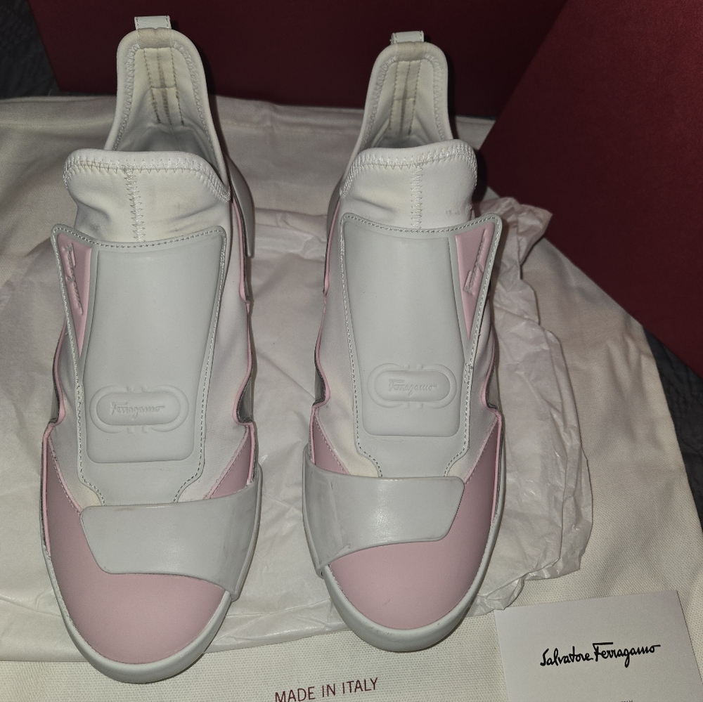 Ferragamo Nile Neoprene leather women's Sock sneakers Pink and white 8.5/ 39 - Picture 3 of 14